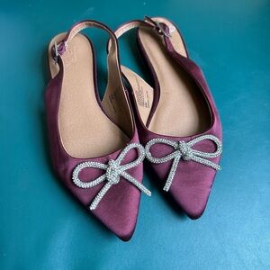 Elegant Burgundy Satin Women's Shoes with Rhinestone Bow Size 6